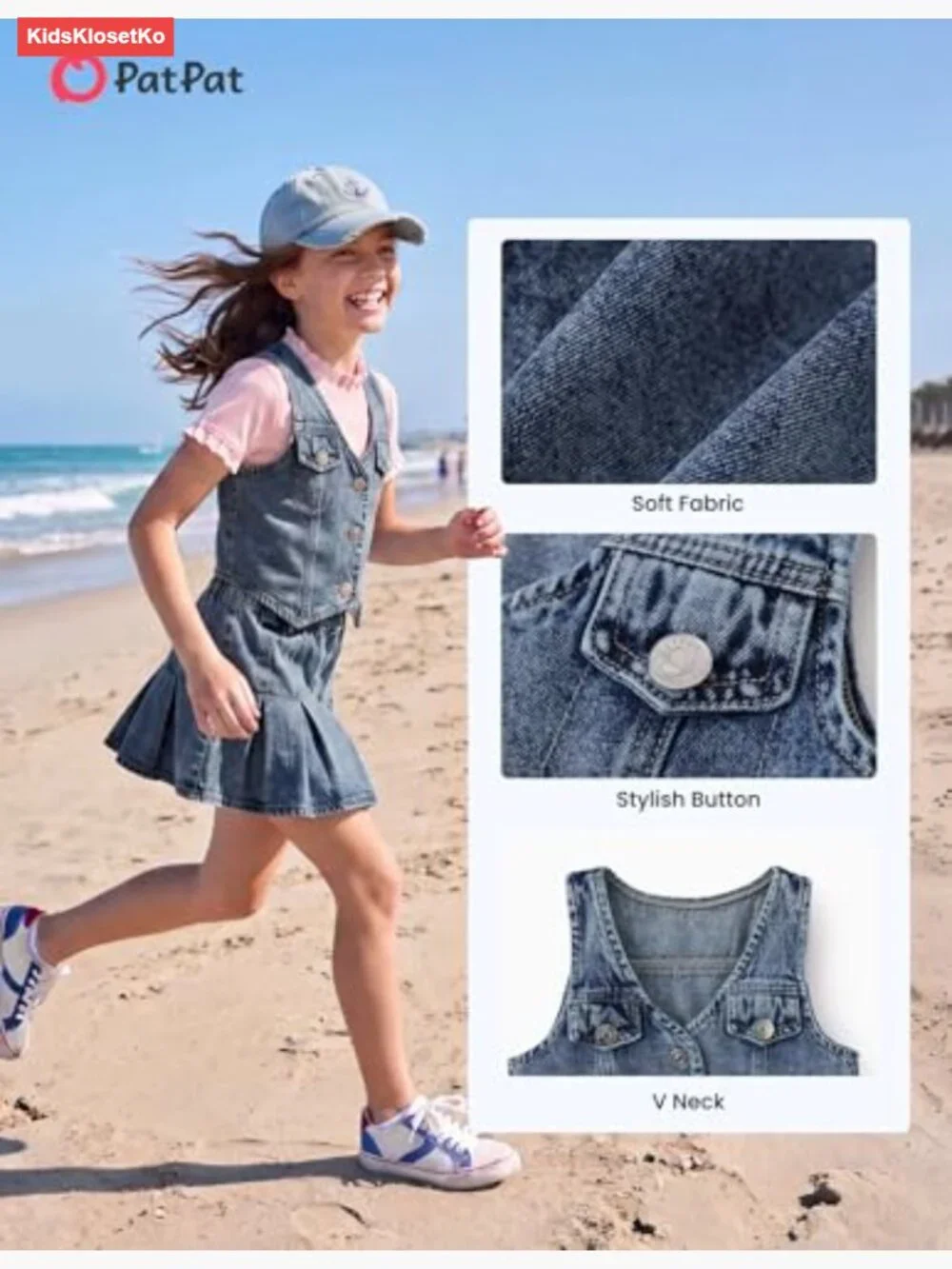 Girls Preppy Denim Vest & Pleated Skirt Set 2-Piece Outfit Soft Breathable